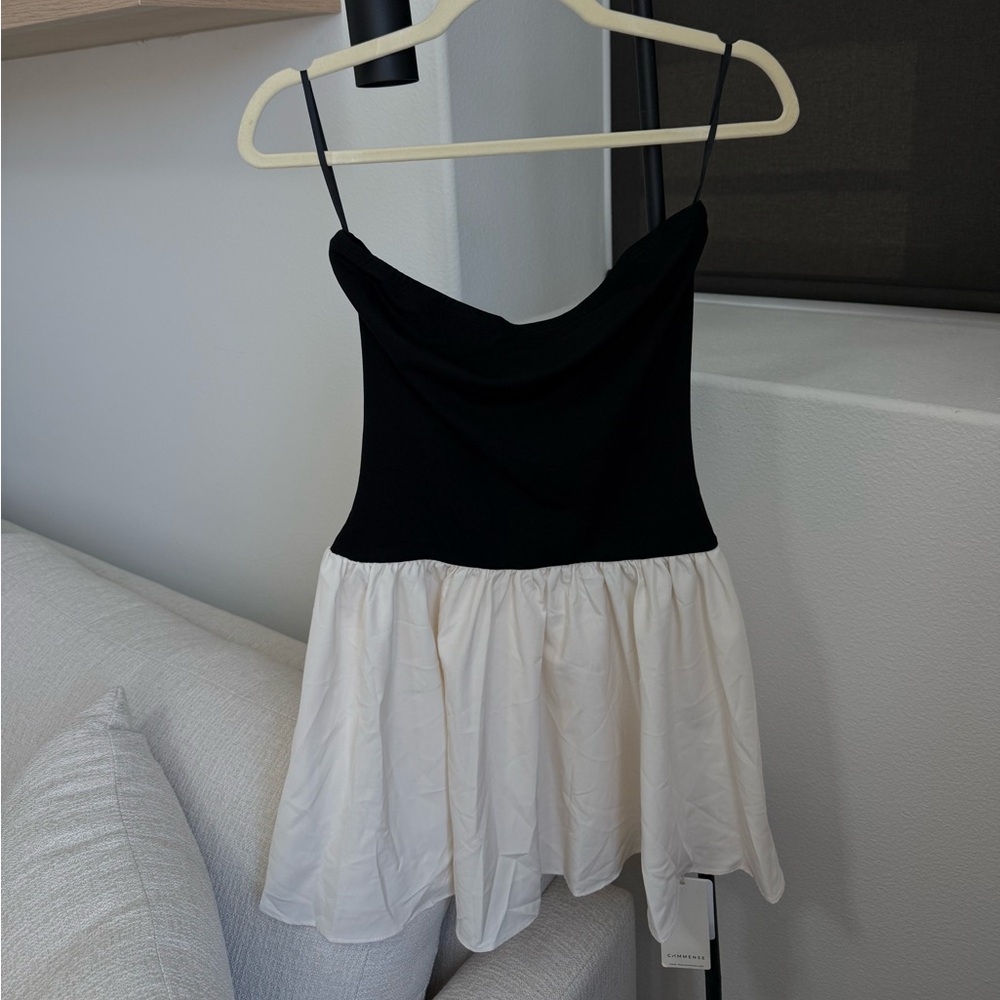 Commense Black and Cream Two-Tone Strapless Dress